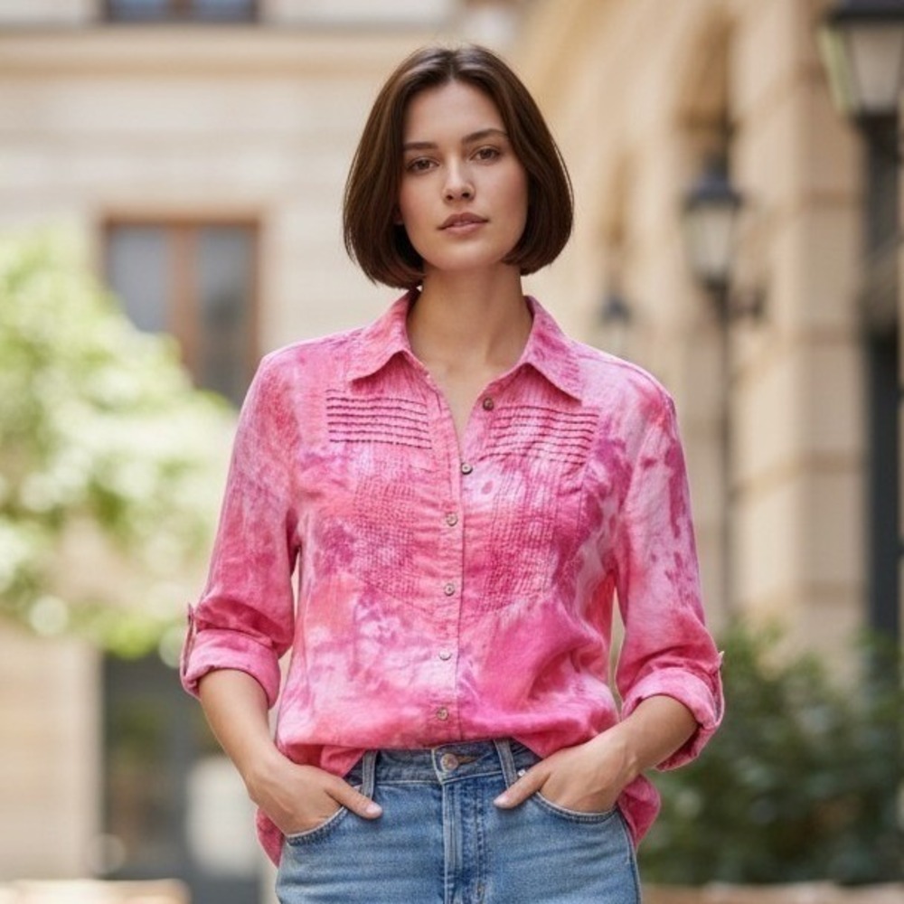 JP and Mattie Pink Tie Dye Pintuck Button Down Cotton Shirt Womens Small Boho